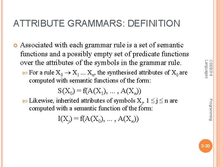 ATTRIBUTE GRAMMARS: DEFINITION a rule X 0 X 1. . . Xn, the synthesised