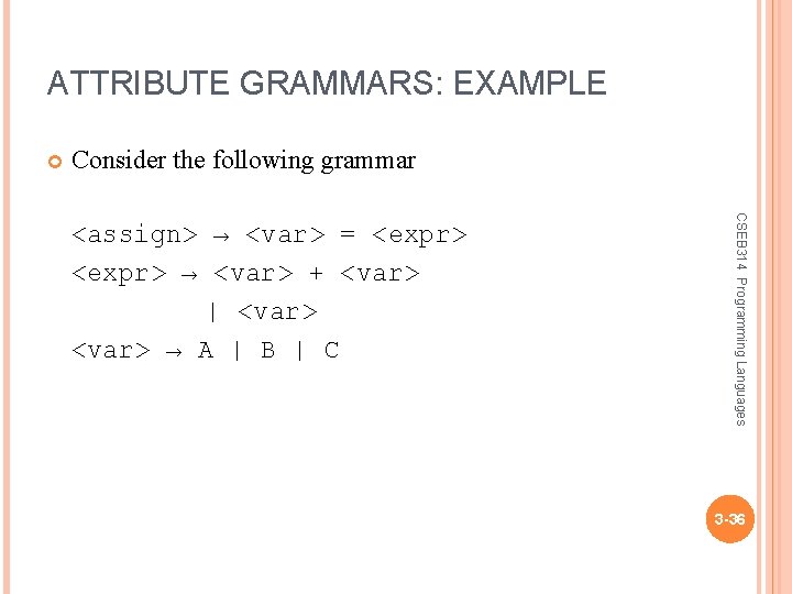 ATTRIBUTE GRAMMARS: EXAMPLE Consider the following grammar CSEB 314 Programming Languages <assign> → <var>