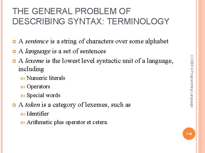 THE GENERAL PROBLEM OF DESCRIBING SYNTAX: TERMINOLOGY A sentence is a string of characters