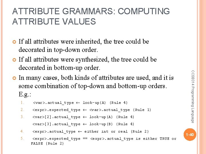 ATTRIBUTE GRAMMARS: COMPUTING ATTRIBUTE VALUES If all attributes were inherited, the tree could be