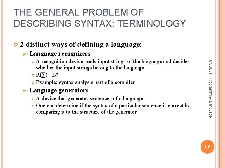 THE GENERAL PROBLEM OF DESCRIBING SYNTAX: TERMINOLOGY 2 distinct ways of defining a language: