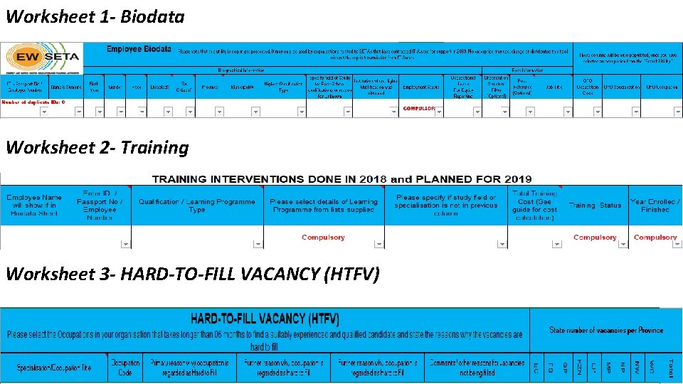 Worksheet 1 - Biodata Worksheet 2 - Training Worksheet 3 - HARD-TO-FILL VACANCY (HTFV)