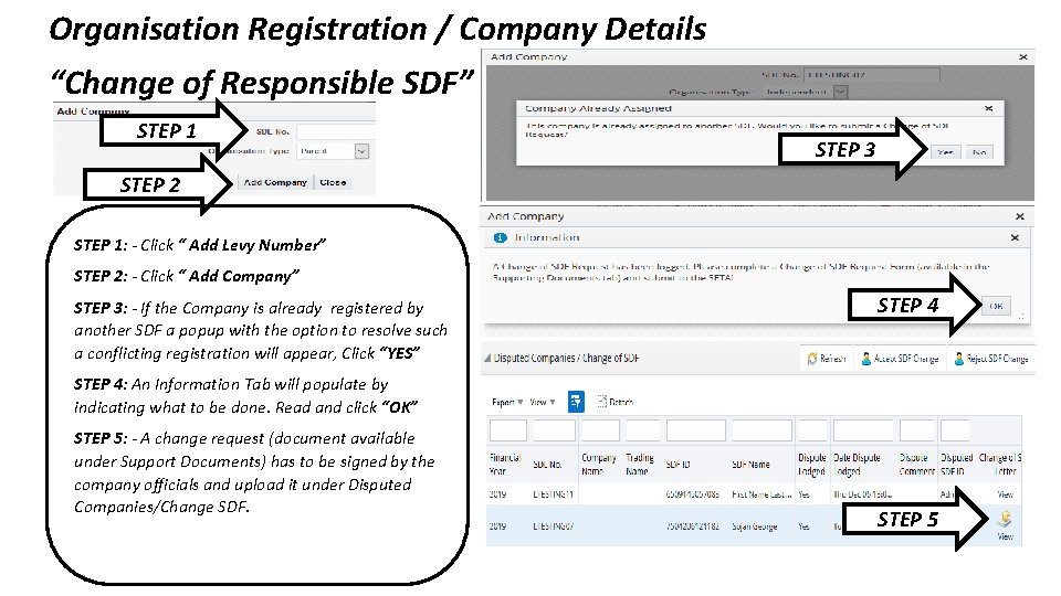 Organisation Registration / Company Details “Change of Responsible SDF” STEP 1 STEP 3 STEP