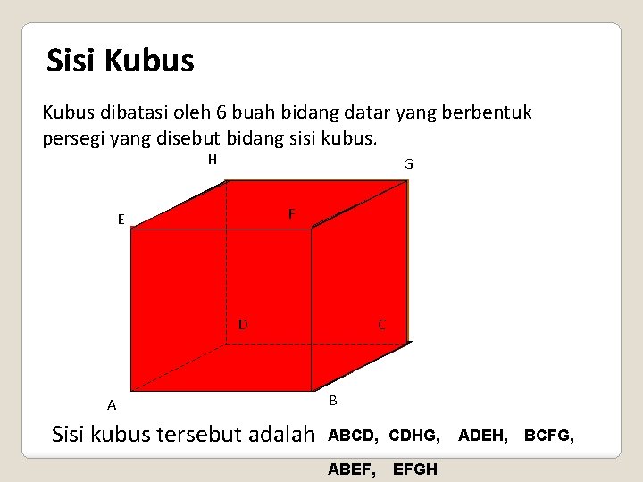 Sisi Kubus dibatasi oleh 6 buah bidang datar yang berbentuk persegi yang disebut bidang