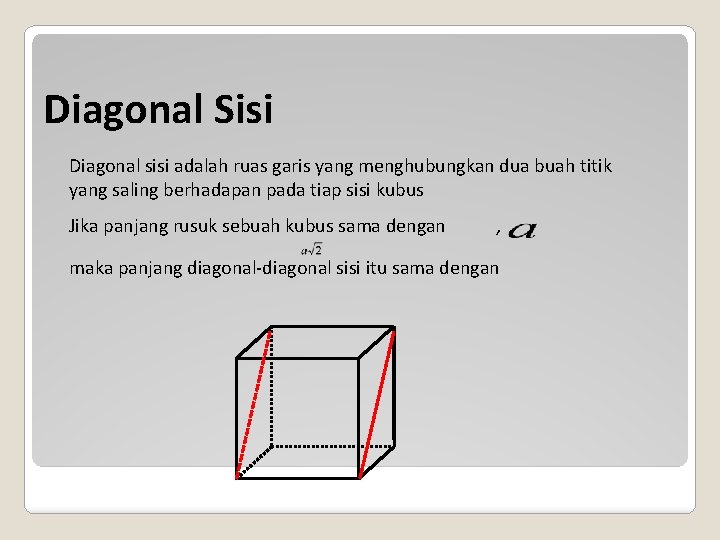 Diagonal Sisi Diagonal sisi adalah ruas garis yang menghubungkan dua buah titik yang saling