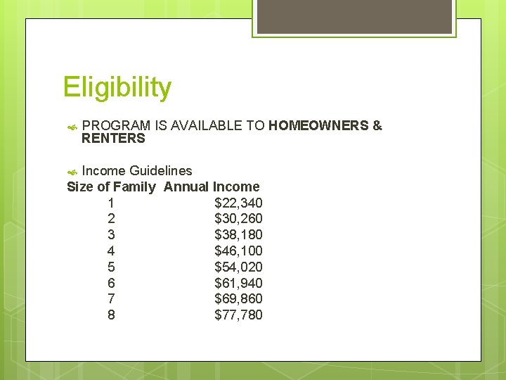 Eligibility PROGRAM IS AVAILABLE TO HOMEOWNERS & RENTERS Income Guidelines Size of Family Annual