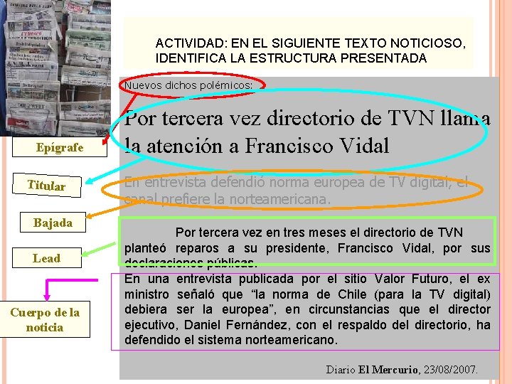 ACTIVIDAD: EN EL SIGUIENTE TEXTO NOTICIOSO, IDENTIFICA LA ESTRUCTURA PRESENTADA Nuevos dichos polémicos: Epígrafe