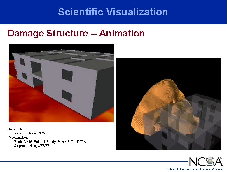 Scientific Visualization Damage Structure -- Animation Researcher Namburu, Raju, CEWES Visualization Boch, David; Heiland, Scientific Visualization Damage Structure -- Animation Researcher Namburu, Raju, CEWES Visualization Boch, David; Heiland,