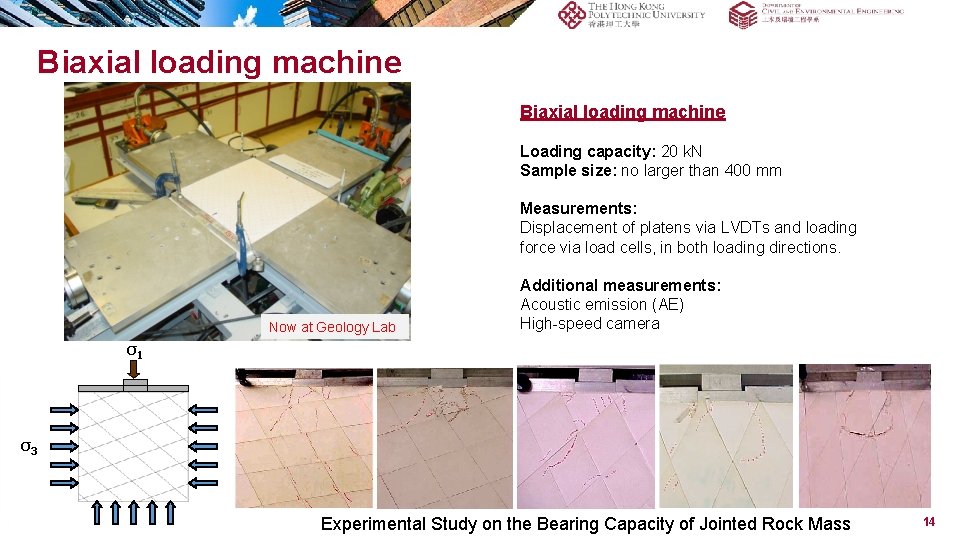 Biaxial loading machine Loading capacity: 20 k. N Sample size: no larger than 400