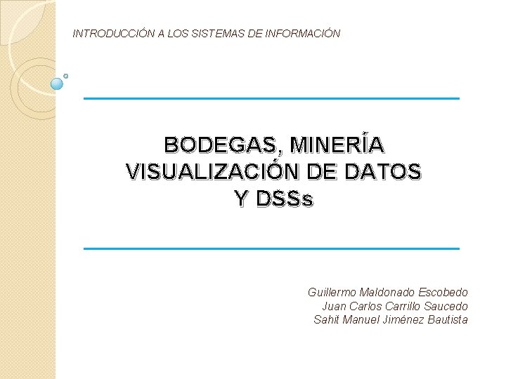 INTRODUCCIÓN A LOS SISTEMAS DE INFORMACIÓN BODEGAS, MINERÍA VISUALIZACIÓN DE DATOS Y DSSs Guillermo