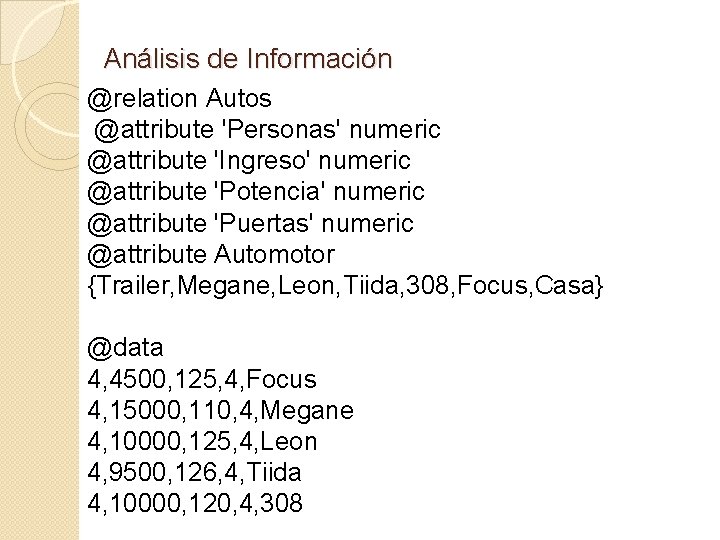 Análisis de Información @relation Autos @attribute 'Personas' numeric @attribute 'Ingreso' numeric @attribute 'Potencia' numeric