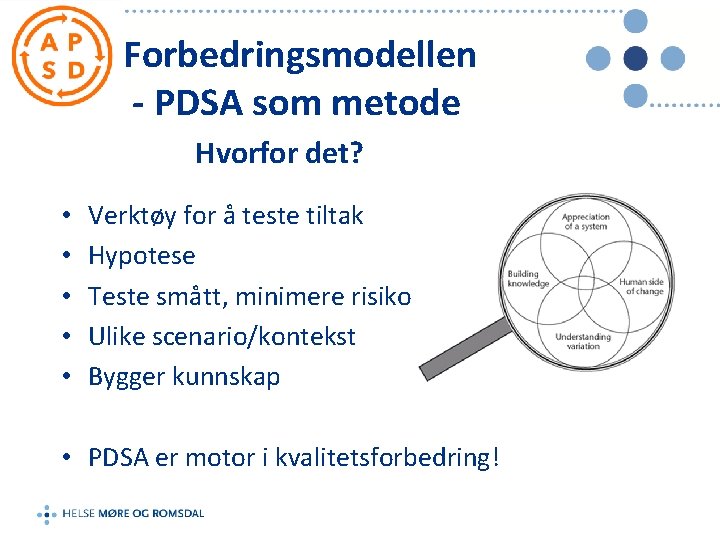 Forbedringsmodellen - PDSA som metode Hvorfor det? • • • Verktøy for å teste