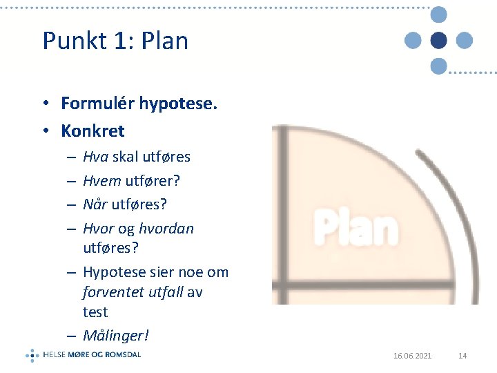 Punkt 1: Plan • Formulér hypotese. • Konkret Hva skal utføres Hvem utfører? Når