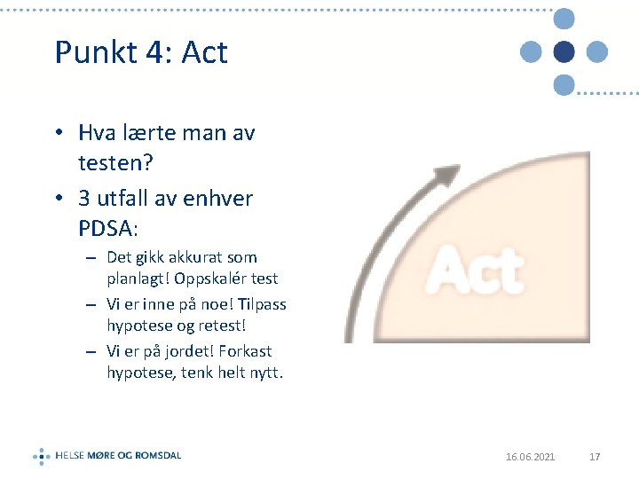 Punkt 4: Act • Hva lærte man av testen? • 3 utfall av enhver