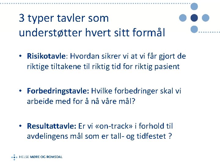 3 typer tavler som understøtter hvert sitt formål • Risikotavle: Hvordan sikrer vi at