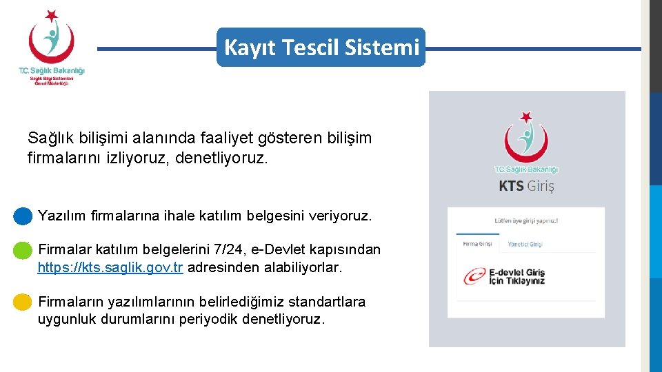 Kayıt Tescil Sistemi Sağlık bilişimi alanında faaliyet gösteren bilişim firmalarını izliyoruz, denetliyoruz. ü Yazılım