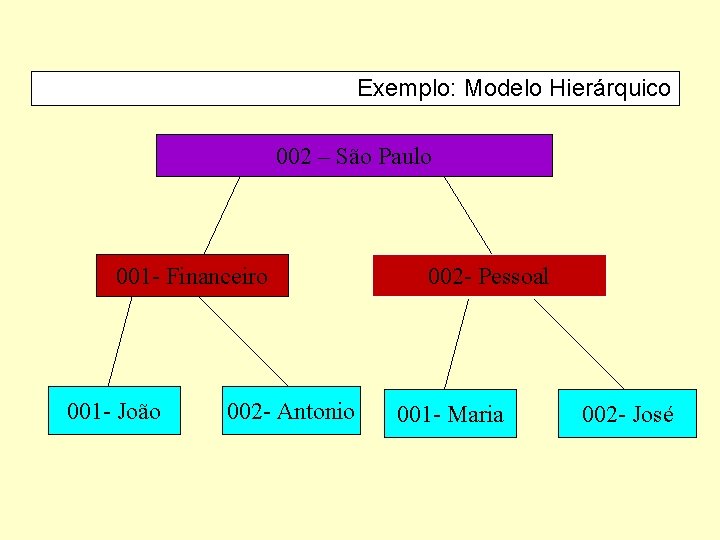 Exemplo: Modelo Hierárquico 002 – São Paulo 001 - Financeiro 001 - João 002