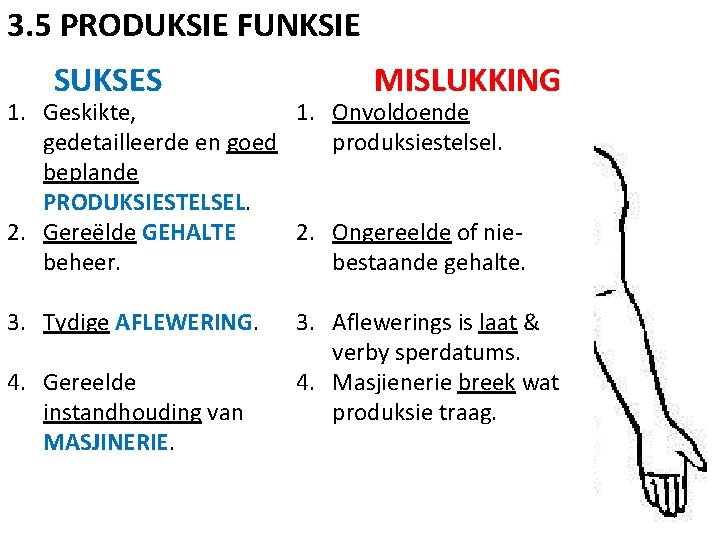 3. 5 PRODUKSIE FUNKSIE SUKSES MISLUKKING 1. Onvoldoende 1. Geskikte, produksiestelsel. gedetailleerde en goed