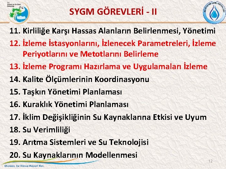 SYGM GÖREVLERİ - II 11. Kirliliğe Karşı Hassas Alanların Belirlenmesi, Yönetimi 12. İzleme İstasyonlarını,