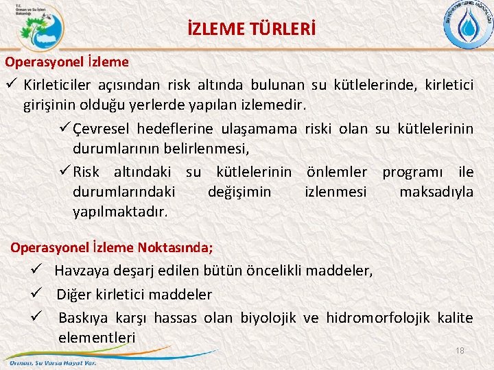 İZLEME TÜRLERİ Operasyonel İzleme Kirleticiler açısından risk altında bulunan su kütlelerinde, kirletici girişinin olduğu