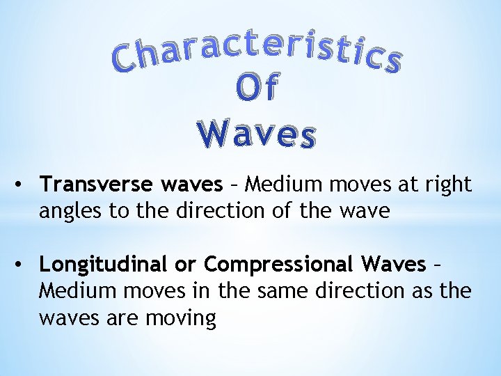  • Transverse waves – Medium moves at right angles to the direction of