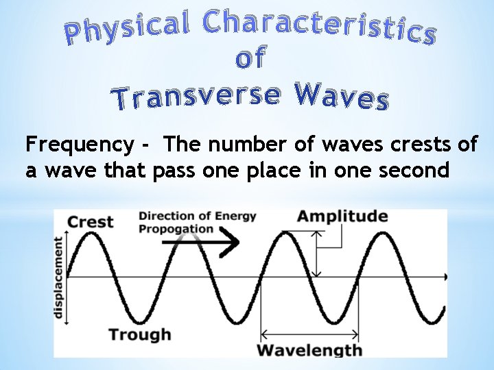 Frequency - The number of waves crests of a wave that pass one place