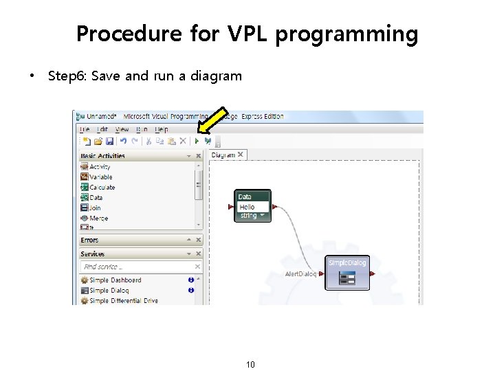 Procedure for VPL programming • Step 6: Save and run a diagram 10 