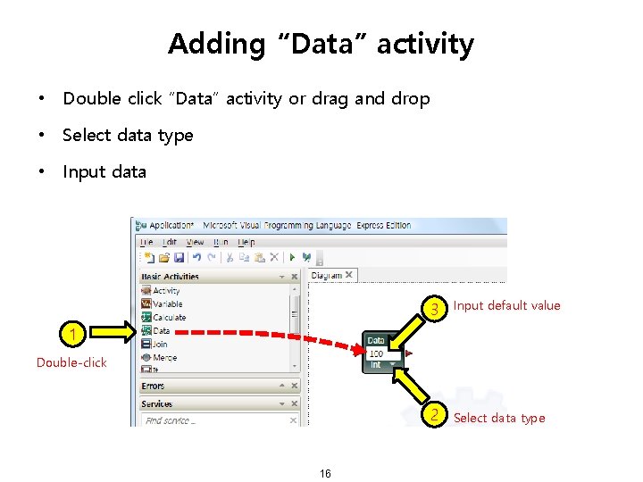 Adding “Data” activity • Double click “Data” activity or drag and drop • Select