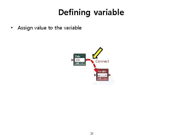 Defining variable • Assign value to the variable Connect 21 