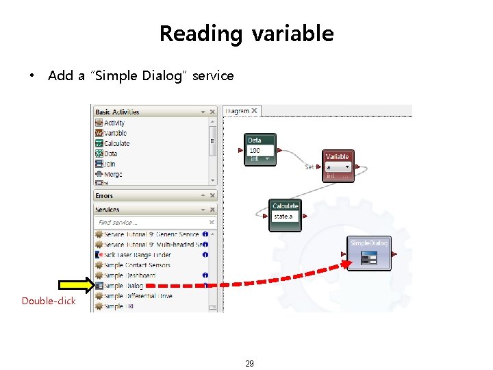 Reading variable • Add a “Simple Dialog” service Double-click 29 