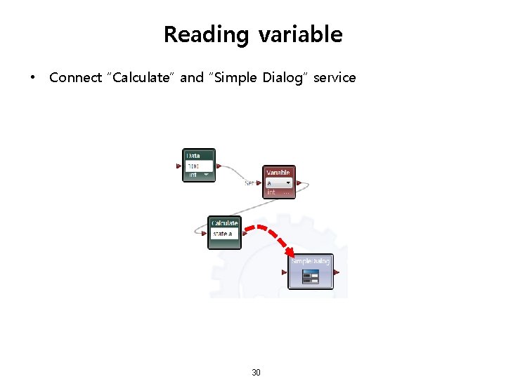 Reading variable • Connect “Calculate” and “Simple Dialog” service 30 