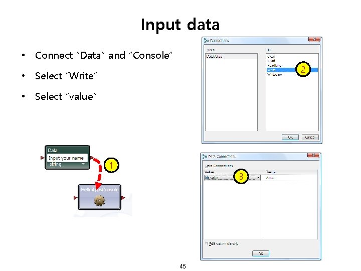 Input data • Connect “Data” and “Console” 2 • Select “Write” • Select “value”