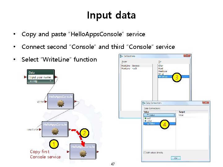 Input data • Copy and paste “Hello. Apps. Console” service • Connect second “Console”