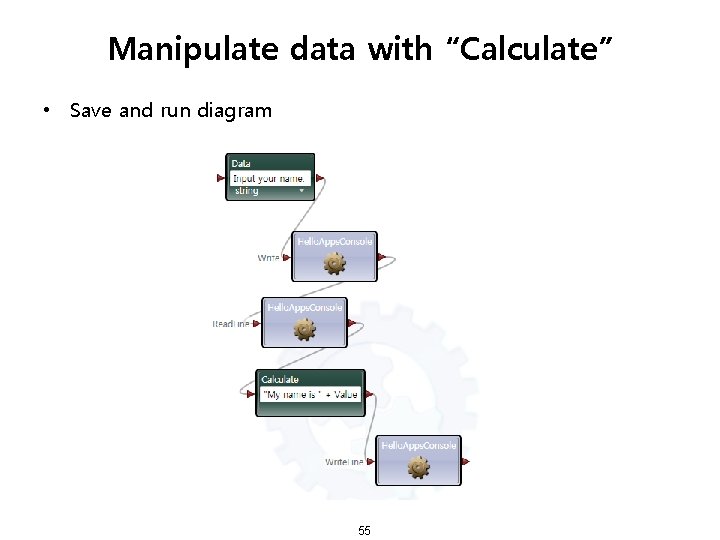 Manipulate data with “Calculate” • Save and run diagram 55 