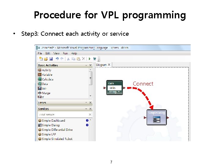 Procedure for VPL programming • Step 3: Connect each activity or service Connect 7