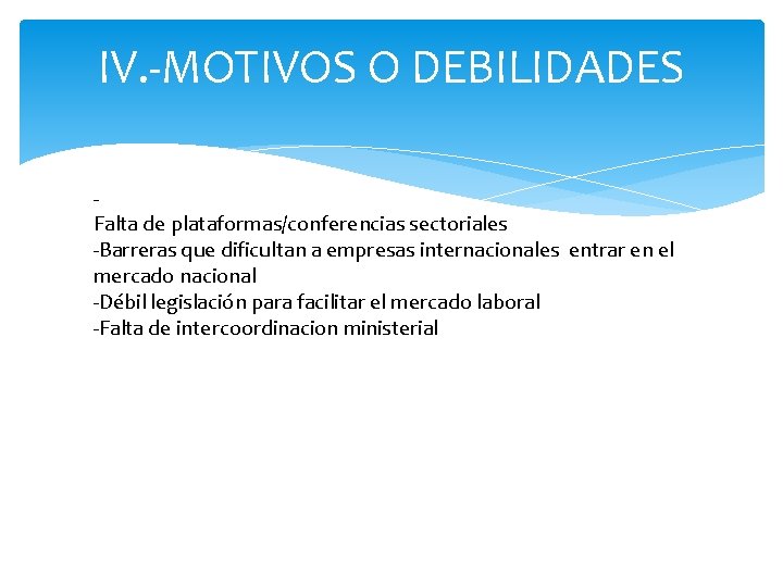 IV. -MOTIVOS O DEBILIDADES - Falta de plataformas/conferencias sectoriales -Barreras que dificultan a empresas