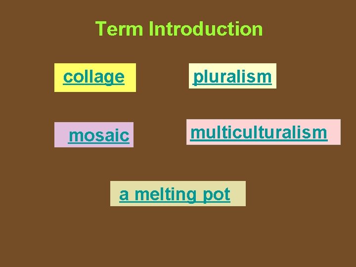 Term Introduction collage pluralism mosaic multiculturalism a melting pot 