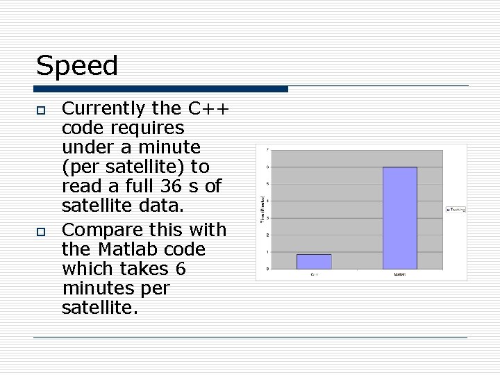 Speed o o Currently the C++ code requires under a minute (per satellite) to