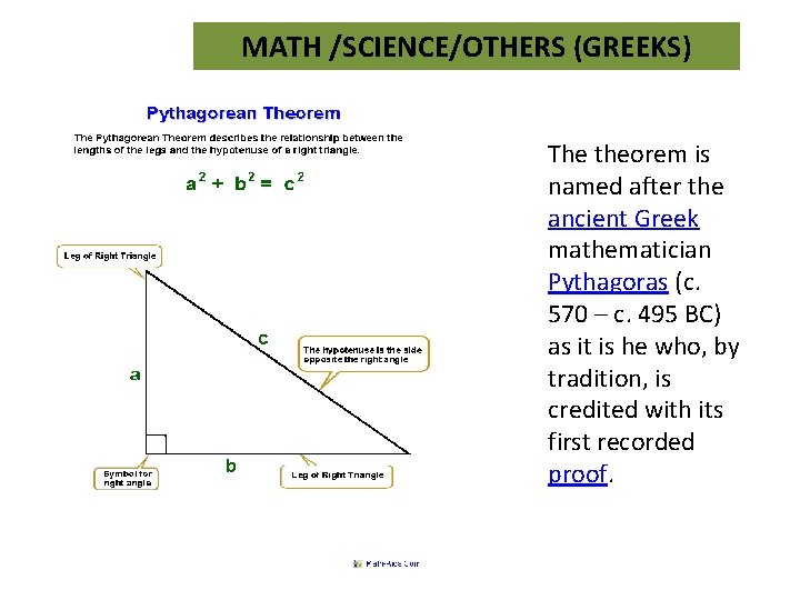 MATH /SCIENCE/OTHERS (GREEKS) The theorem is named after the ancient Greek mathematician Pythagoras (c.