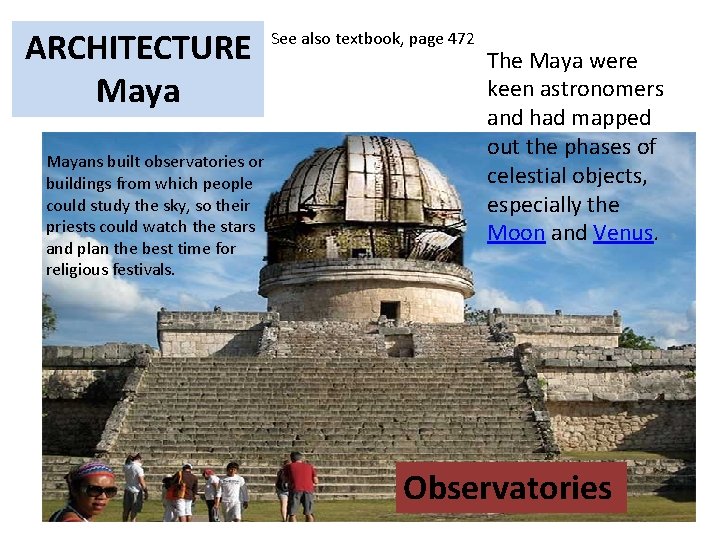 ARCHITECTURE Mayans built observatories or buildings from which people could study the sky, so