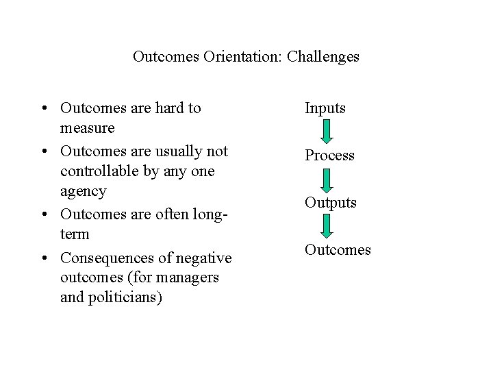 Outcomes Orientation: Challenges • Outcomes are hard to measure • Outcomes are usually not
