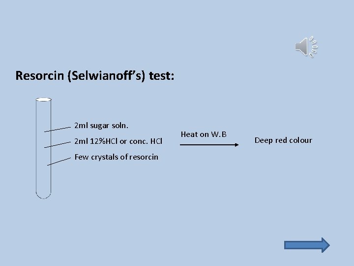 Resorcin (Selwianoff’s) test: 2 ml sugar soln. 2 ml 12%HCl or conc. HCl Few