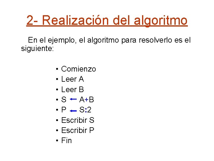 2 - Realización del algoritmo En el ejemplo, el algoritmo para resolverlo es el