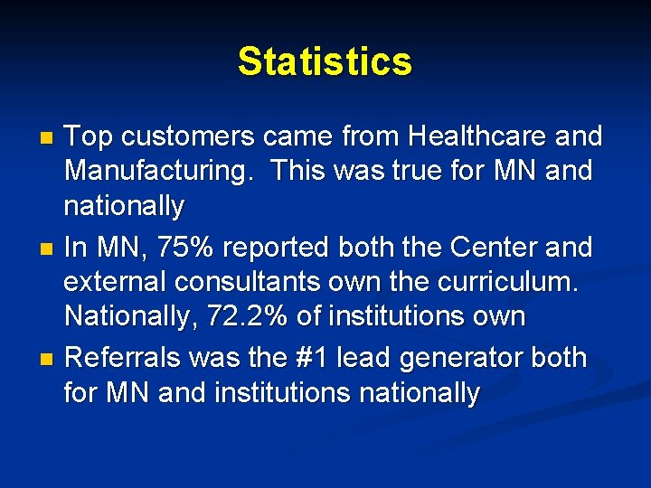 Statistics Top customers came from Healthcare and Manufacturing. This was true for MN and