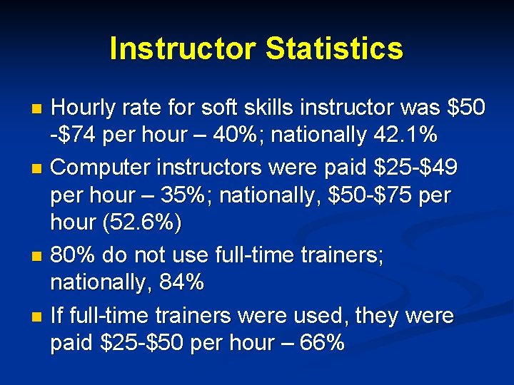 Instructor Statistics Hourly rate for soft skills instructor was $50 -$74 per hour –