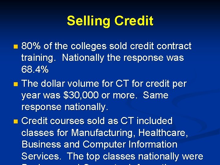 Selling Credit 80% of the colleges sold credit contract training. Nationally the response was