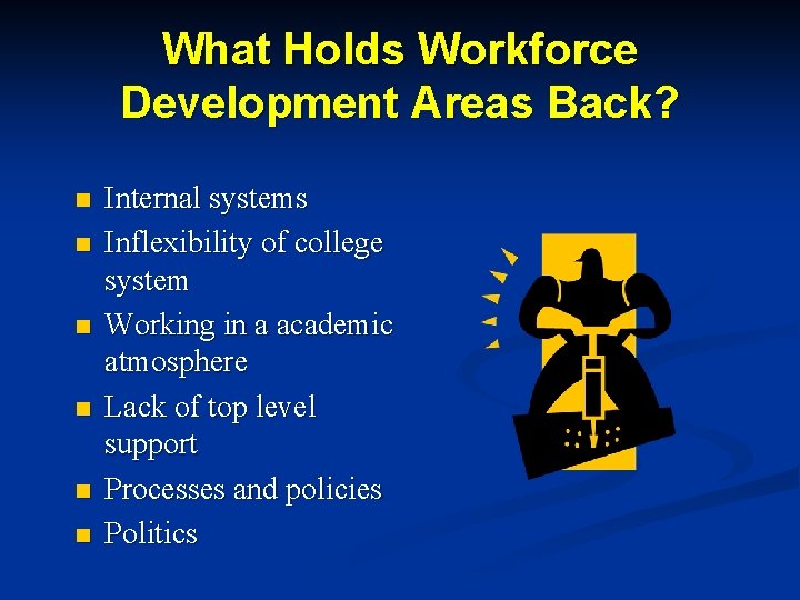 What Holds Workforce Development Areas Back? n n n Internal systems Inflexibility of college