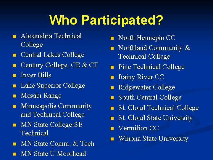 Who Participated? n n n n n Alexandria Technical College Central Lakes College Century