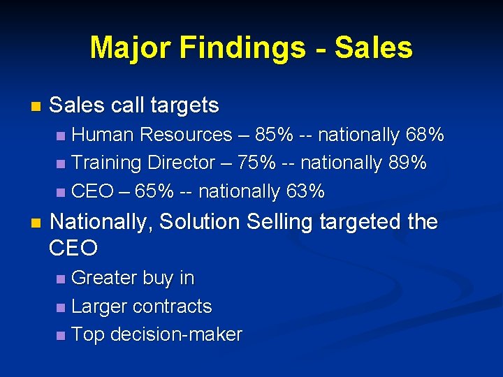 Major Findings - Sales n Sales call targets Human Resources – 85% -- nationally