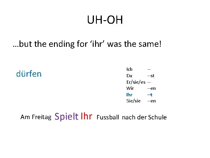 UH-OH …but the ending for ‘ihr’ was the same! Ich Du Er/sie/es Wir Ihr